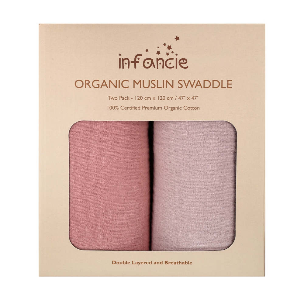 Infancie 2-Pc OrganicCotton Baby Muslin Blanket Gift Set (Coral & Dusty Pink)